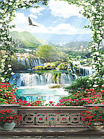 Фото обои 3D на стену птички 184x254 см Водопад за цветочной оградой 11427P4A Клей в подарок