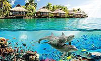 Флизелиновые фото обои океан 3д Бунгало Море Коралловые рыбки 312 x 219 см Дельфины на Гавайях Клей в подарок