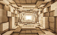 Флизелиновые 3д фото обои на стену кубы 312x219 см коричневый деревянный туннель (3247VEXXL) Клей в подарок
