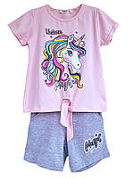 Літній костюм для дівчинки 98, 128 см футболка + шорти з єдинорогом рожевий unicorns Breeze