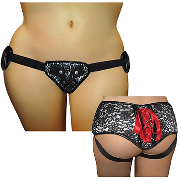 Труси для страпона Sportsheets - SizePlus Grey & Black Lace Corsette, широкий пасок, бант, мереживо, фото 2