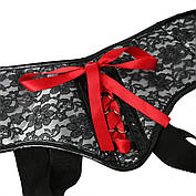 Труси для страпона Sportsheets - SizePlus Grey & Black Lace Corsette, широкий пасок, бант, мереживо, фото 2