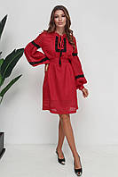 Женское красное шифоновое платье вышиванка 3218-02