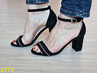 Босоножки классика на невысоком устойчивом широком каблуке замша черные, Размер женской обуви 37 (24 см) 40 (26 см)