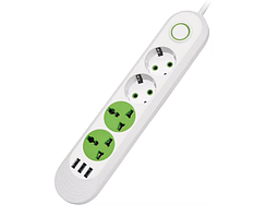 Сетевой фильтр F01U, 2 розетки EU + 2 розетки Universal + 3 USB, 1.5 м, сечение 3х0,75мм, 2500W, White, Box