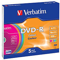 Диск DVD Verbatim 4.7Gb 16X Slim case 5 шт Color (43557)