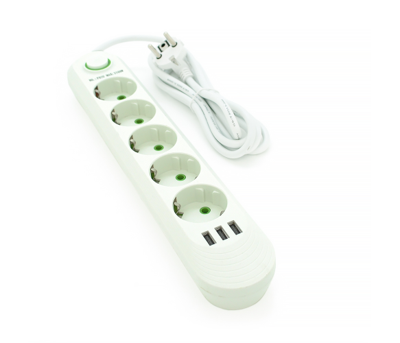 Сетевой фильтр F05U, 5 розеток EU + 3 USB, 1.5 м, сечение 3х0,75мм, 2500W, White, Box