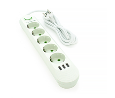 Сетевой фильтр F05U, 5 розеток EU + 3 USB, 1.5 м, сечение 3х0,75мм, 2500W, White, Box