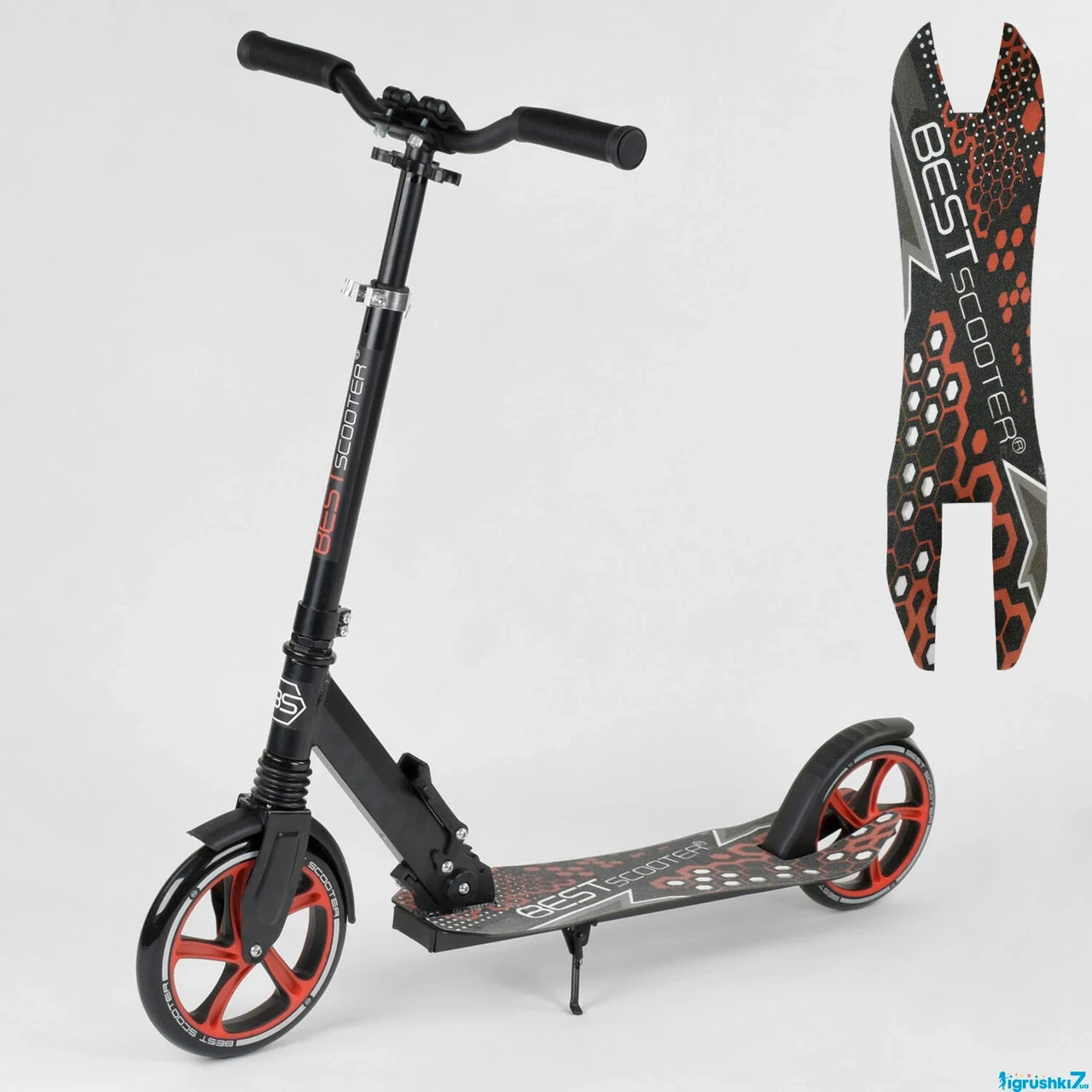 Самокат 88146 (2) Best Scooter, ЧОРНИЙ, зажим руля, переднє колесо PU - 22 см, заднє колесо PU - 20 см, 1 амортизатор, в коробці