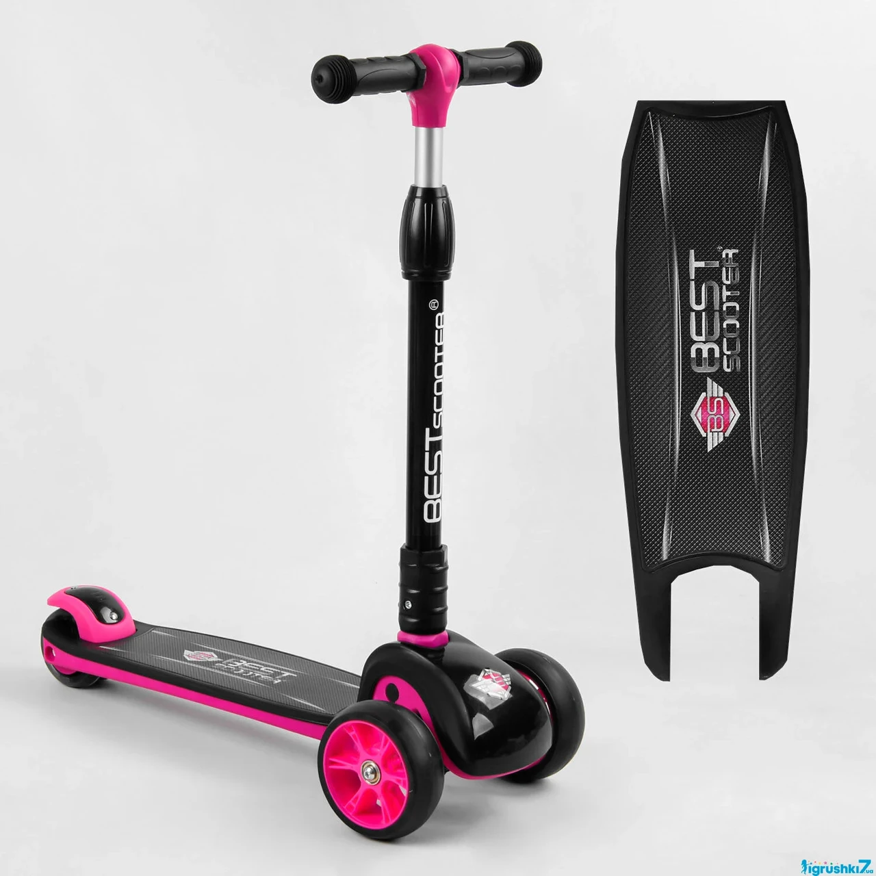 Самокат триколісний 87819 Best Scooter (6) РОЖЕВИЙ, складане алюмінієве кермо, 3 колеса PU зі світлом, d переднього 120х40мм, d