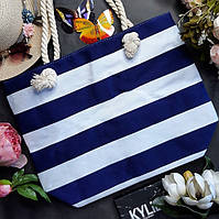 Пляжная яркая женская сумка тканевая в полоску с канатными ручками 49*37 см летний принт Luna Темно-синий