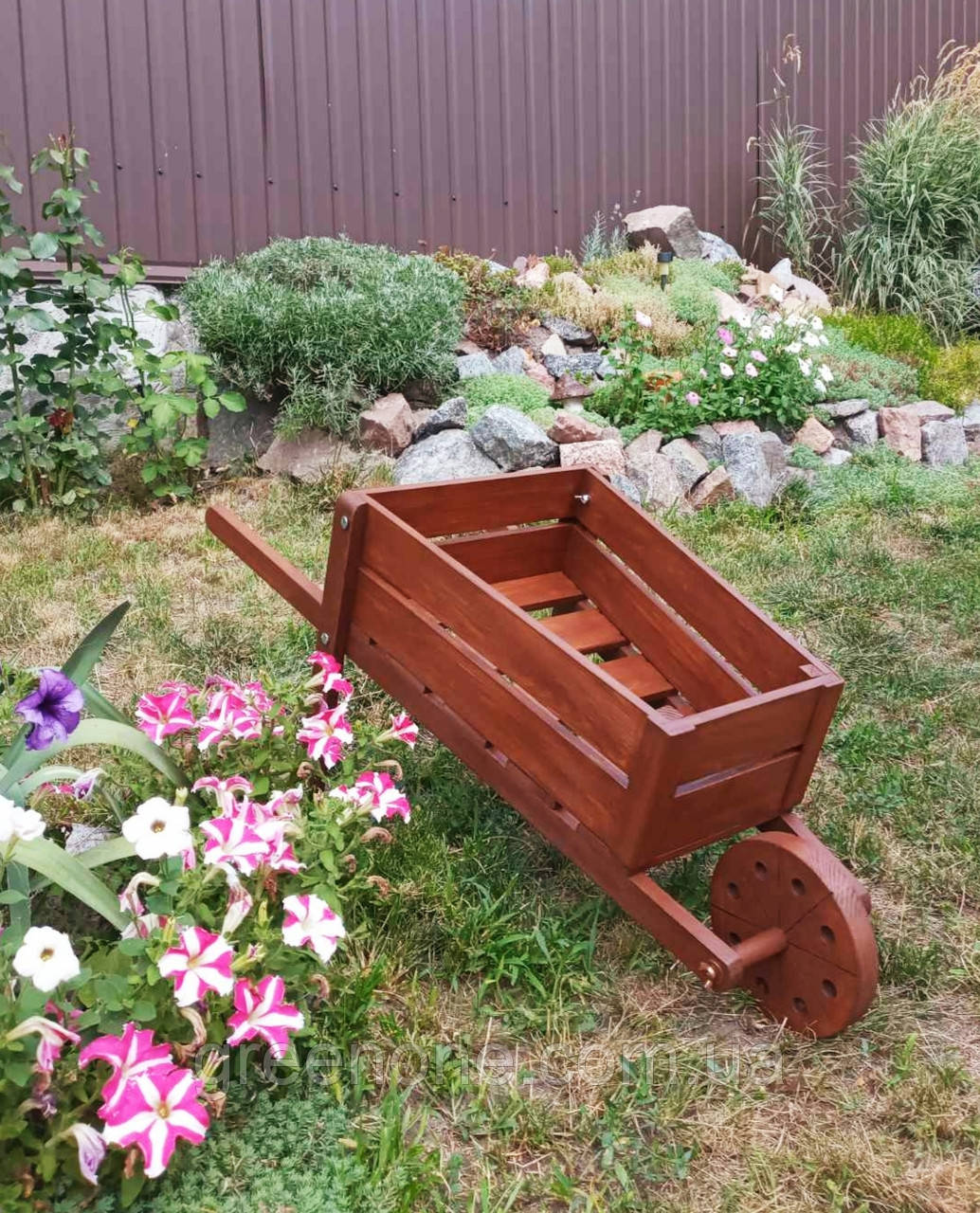 Деревʼяна тачка, садова декоративна тачка, візок для саду, кашпо для квітів з дерева, 110 см, фото 1