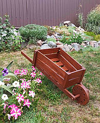 Деревʼяна тачка, садова декоративна тачка, візок для саду, кашпо для квітів з дерева, 110 см