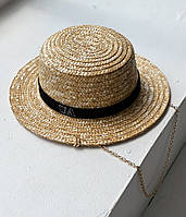 Солом'яний капелюх жіночий Канотьє з ланцюгом і написом UA D.Hats колір бежевий