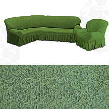 Чохол на кутовий диван і крісло накидка, єврочохол на кутовий диван безрозмірні жакард  Зелений