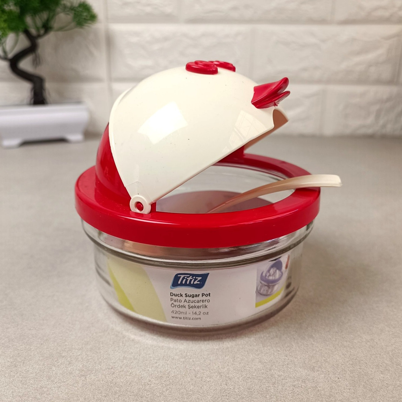 Скляна цукорниця з ложкою 420 мл + пластикова кришка Titiz, фото 1