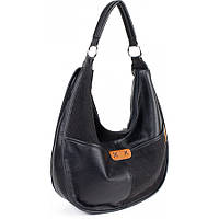 Красивая объёмная сумка Хобо черного цвета под кожу украшена тканью
