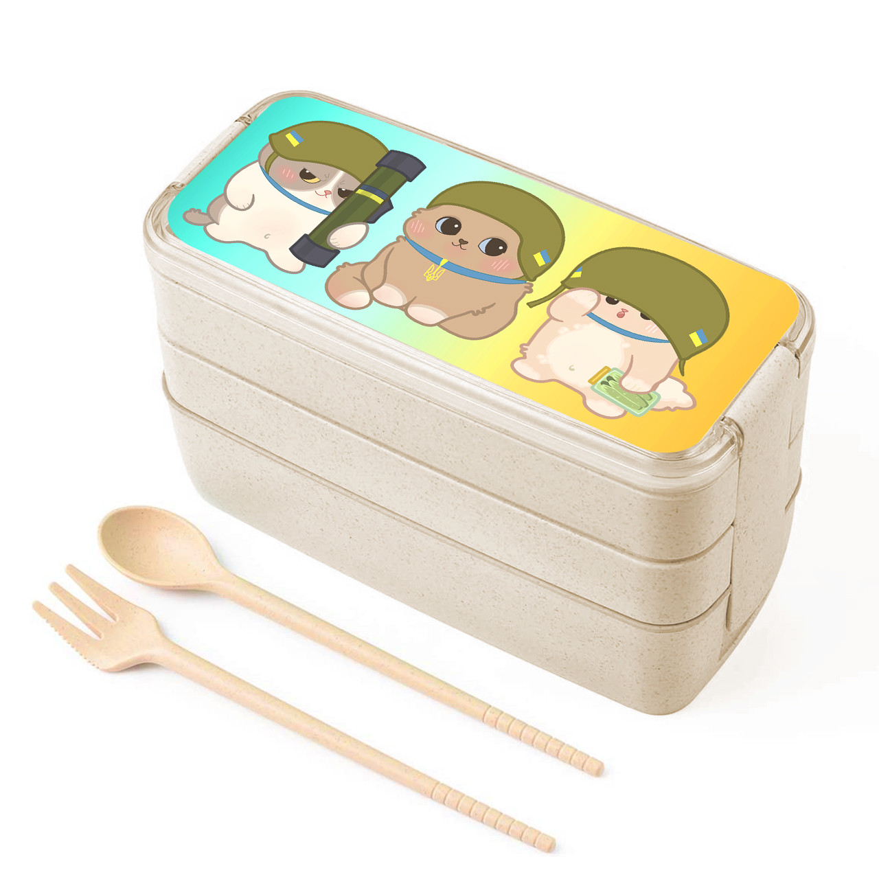 Еко ланч-бокс ЗСУ котики 900 мл, контейнер для обідів з виделкою і ложкою