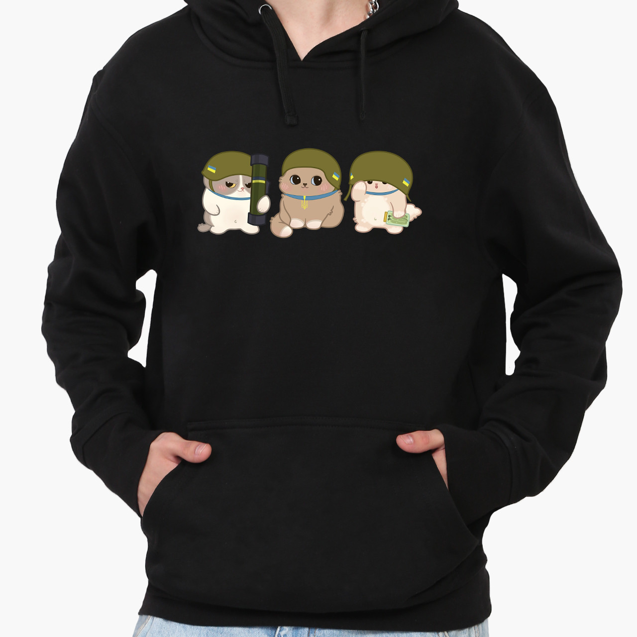 Худі чоловічий ЗСУ котики Кенгуру Чорний