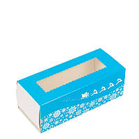 Коробка 141х59х49 для макаронс з вікном "Новорічна" синя