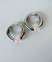 Серьги - кольца с натуральным камнем розовый кварц