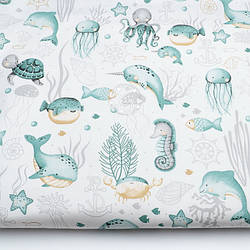 Ткань бязь "Морские коньки, черепахи, медузы, киты" зелёные на белом (№4092)