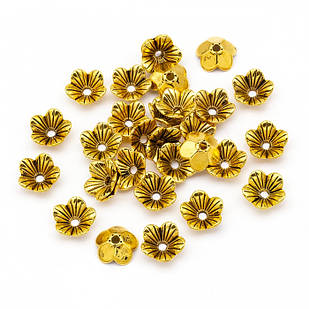 Шапочки для Бусин Металі, Квітка, Античне Золото, 10х10х3мм, Отвір 1.5 мм, 50 шт.