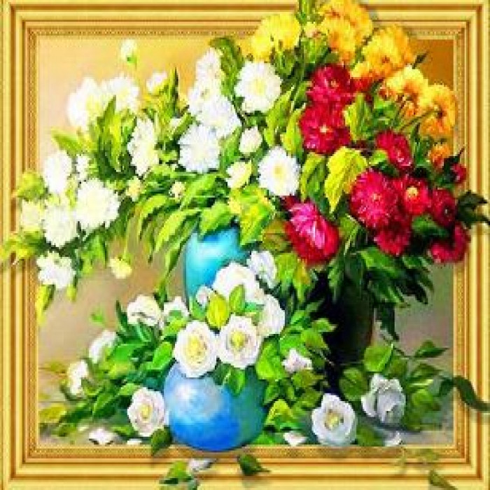 Алмазна Мозаїка за номерами Три букети, Об'ємна, Основа на Рамі, Стрази, 40х50 см