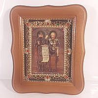 Икона Кирилл и Мефодий святие равноапостольные, лик 10х12 см, в светлом деревянном киоте с камнями
