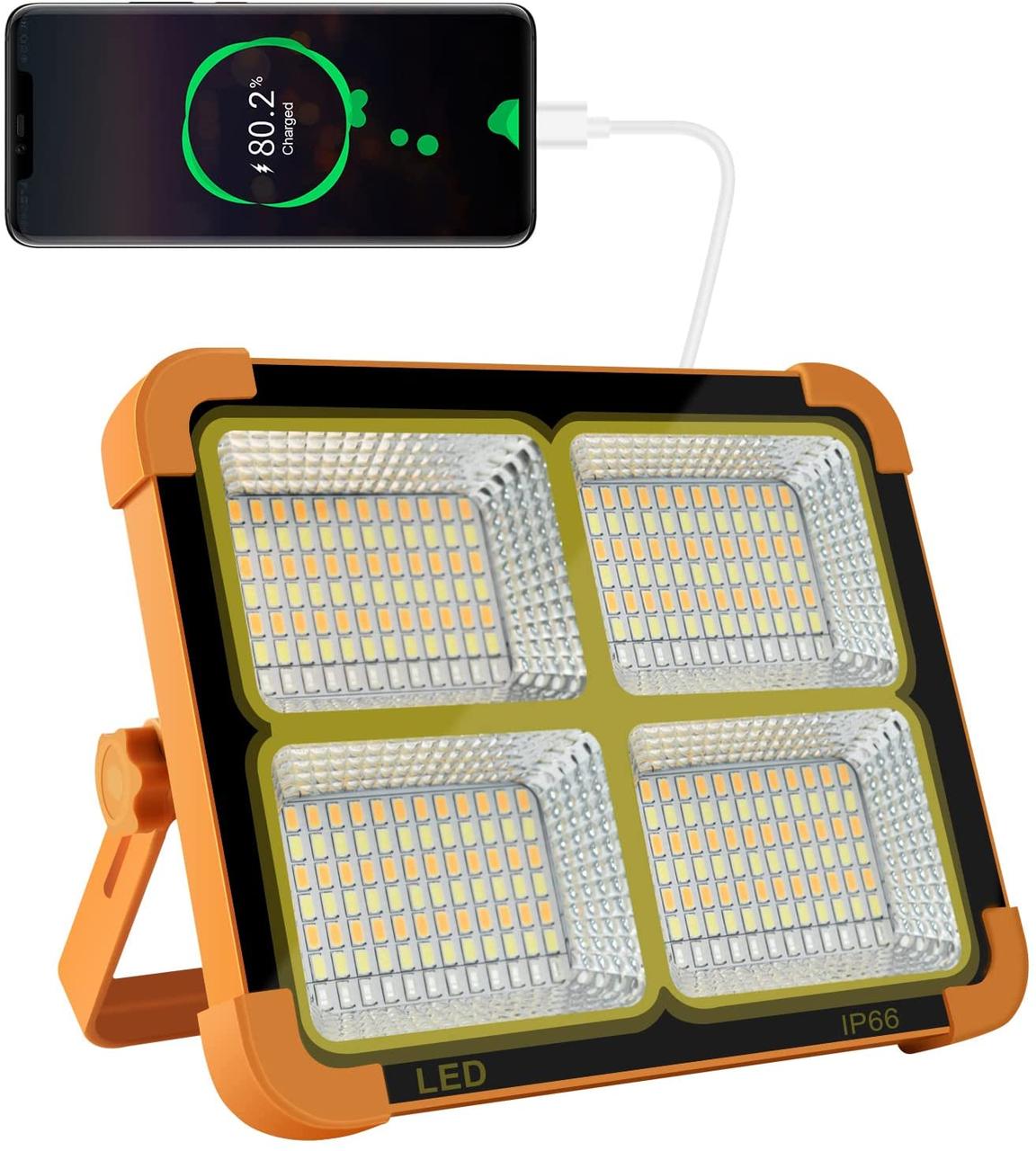 Портативний сонячний LED прожектор-повербанк для заряджання мобільних пристроїв (16500 mAh, 100w 336LED, IP66)