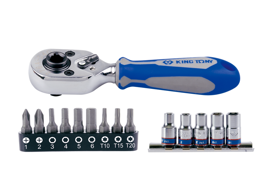 Набір вставок (біт) та головок з тріскачкою 1/4" 15 предметів King Tony 2515MR (Тайвань), фото 1