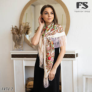 Кремова народна хустина з густими китицями Гармонія Квітів Є ДЕФЕКТ!!!