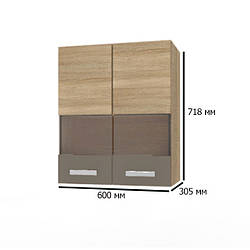 Навісна шафа вітрина на кухню Сокме Аліна 600 мм дуб сонома зі вставками латте