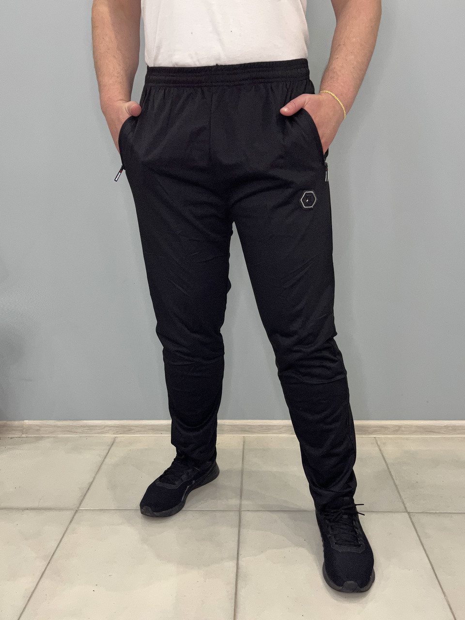 Штани спортивні чоловічі трикотажні Штани чоловічі Ao Longcom з блискавками на кишенях Чорний