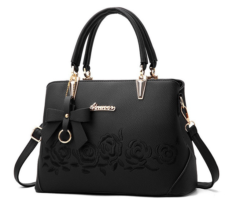 Класична жіноча шкіряна сумка з квітами N-00842 чорна