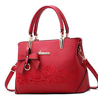 Классическая женская кожаная сумка с цветами N-00843 Красная