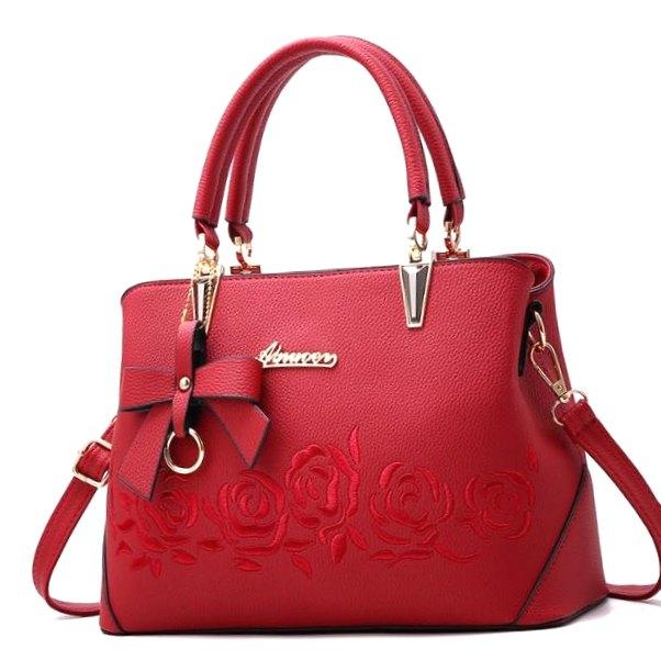 Класична жіноча шкіряна сумка з квітами N-00843 Червона