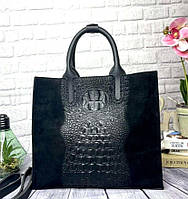 Офисная женская сумка из натуральной замши с текстурой под кожу крокодила N-00798 Черная