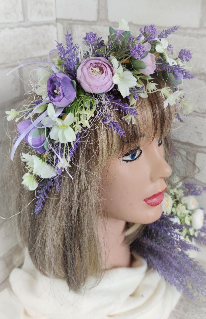 Вінок - обруч "Прованс", вінок на голову, віночок з лавандою на металевій основі, фото 1