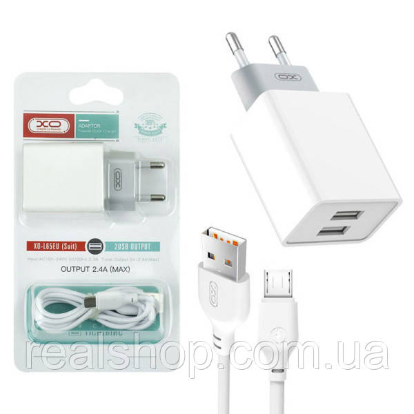 Мережевий зарядний пристрій XO L65EU Micro 2.4 A 2 USB White + кабелю microUSB, білий