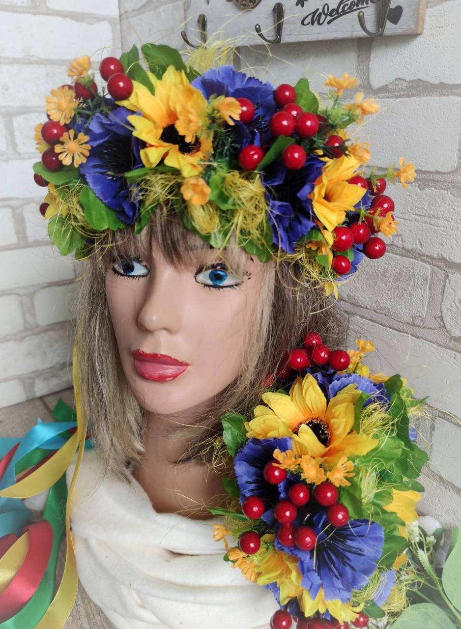 Вінок національний з калиною, вінок на голову жовто-блакитний Калинка зо стрічками, фото 1