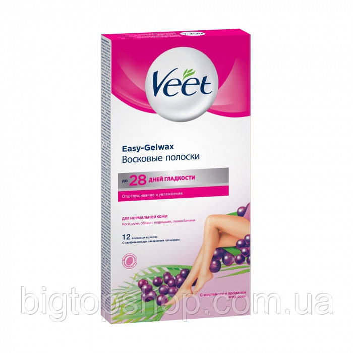 Оригінал!Воскові смужки для депіляції Veet Easy-Gelwax відлущування і зволоження з маслом ши 12 шт. в упак.