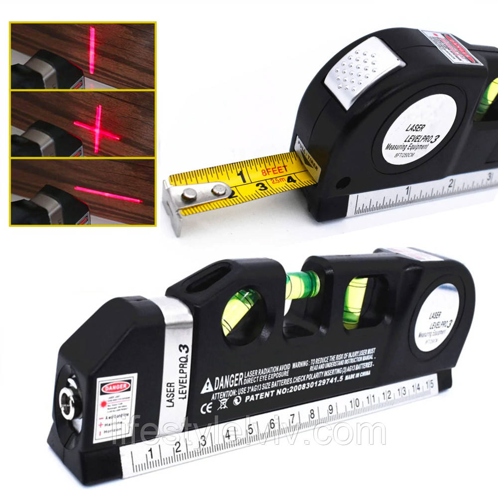 Лазерний нівелір LASER LEVEL PRO3 / Рівень лазерний з рулеткою 4 в 1, фото 1