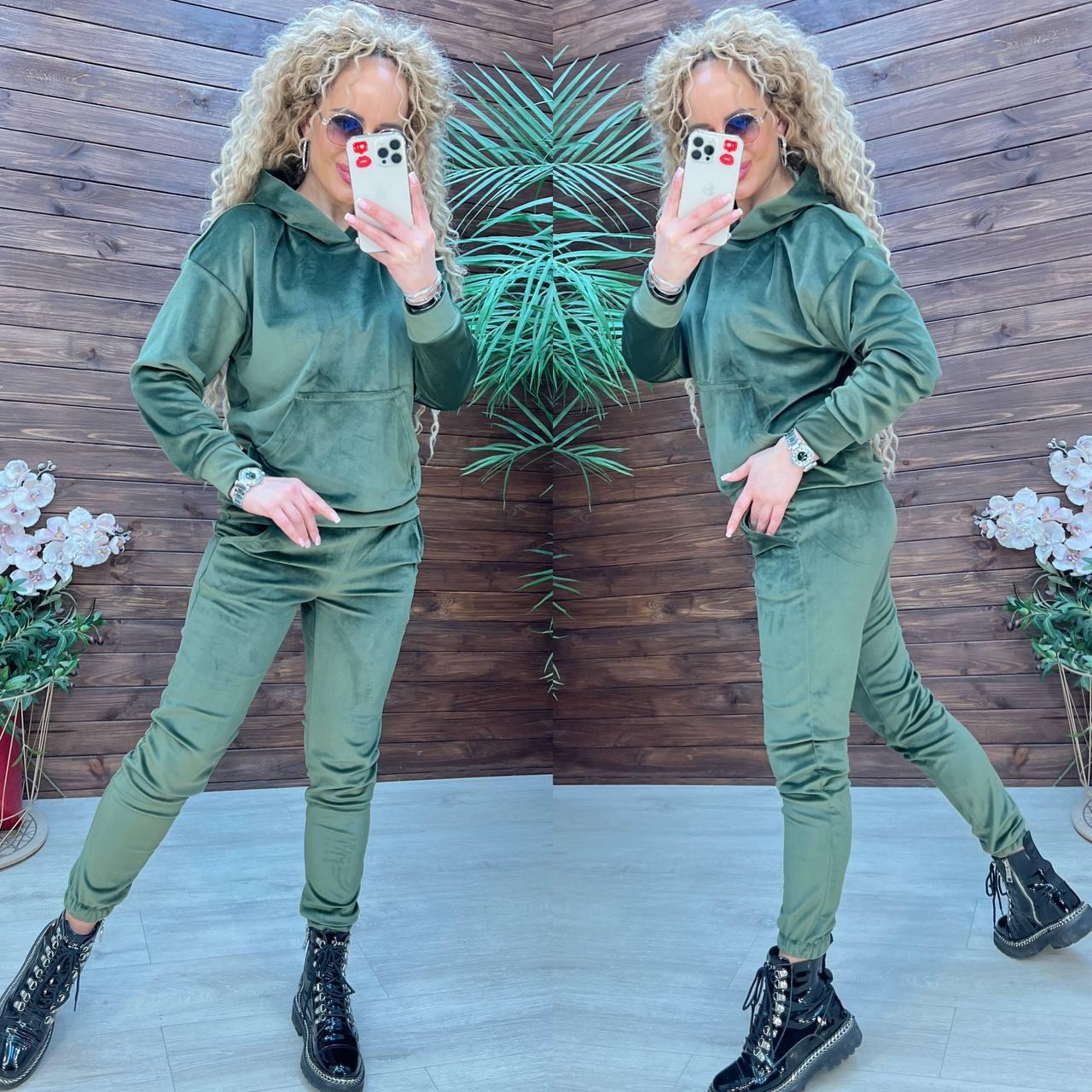 Жіночий оксамитовий спортивний костюм з худі та звуженими штанами (р. 42-48) 11so2007, фото 1