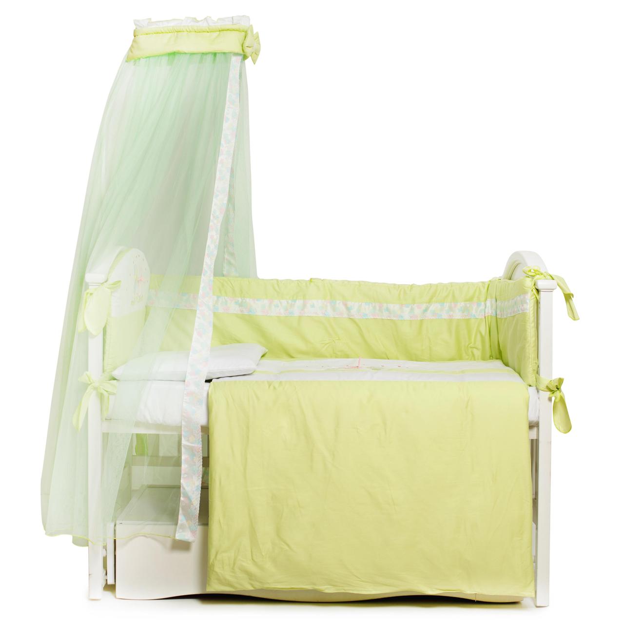 Комплект постільної білизни в ліжечко для новонароджених Twins Kids з балдахіном, 7 елементів, біло-зелений