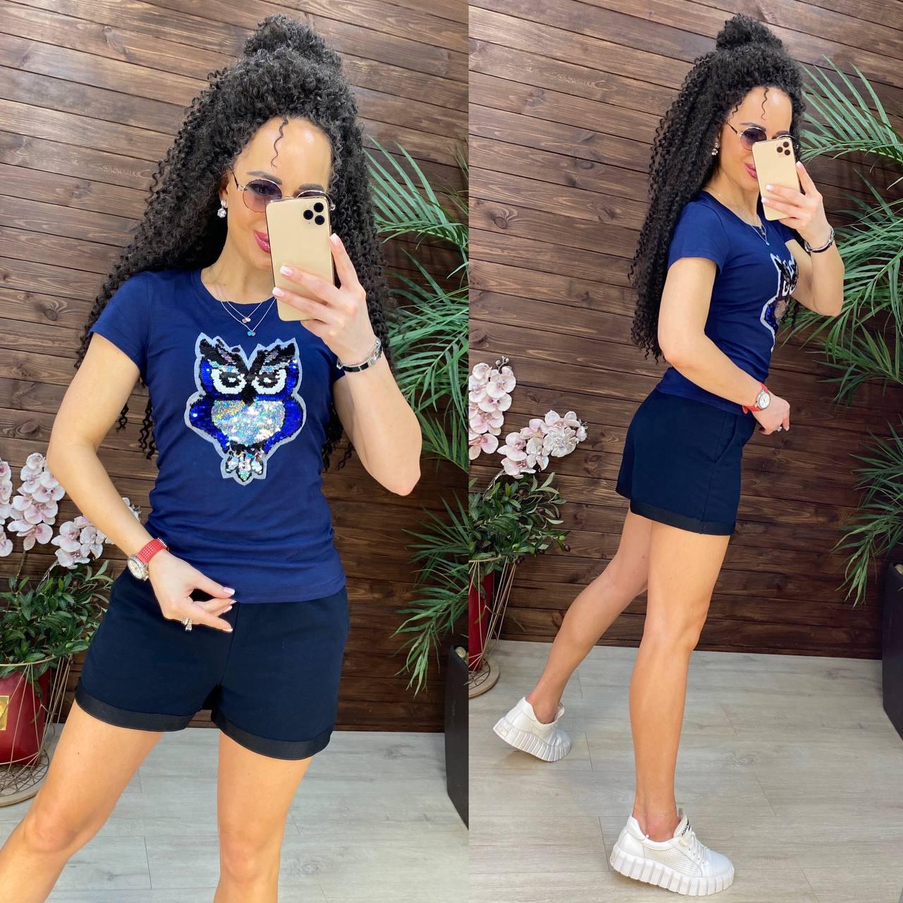 Короткі шорти та футболкою з малюнком з паєтки літній костюм прогулянковий (р. S-XL) 11ks2272, фото 1