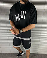 Мужской летний оверсайз комплект MAN футболка с шортами чёрный
