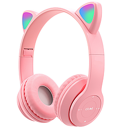 Бездротові Навушники з котячими Вушками з підсвічуванням + підтримка MicroSD Cat Ear P47M Рожевий