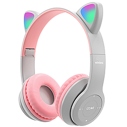 Бездротові Навушники з котячими Вушками з підсвічуванням + підтримка MicroSD Cat Ear P47M Сіро-рожевий