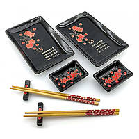Сервіз для суші 28х28,3х3,5 см 2 персони Червона сакура на чорному фоні